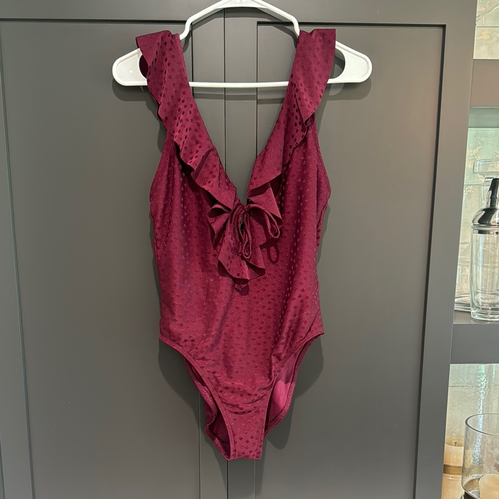 Robin Piccone Ruffled Burgundy One-Piece Swimsuit